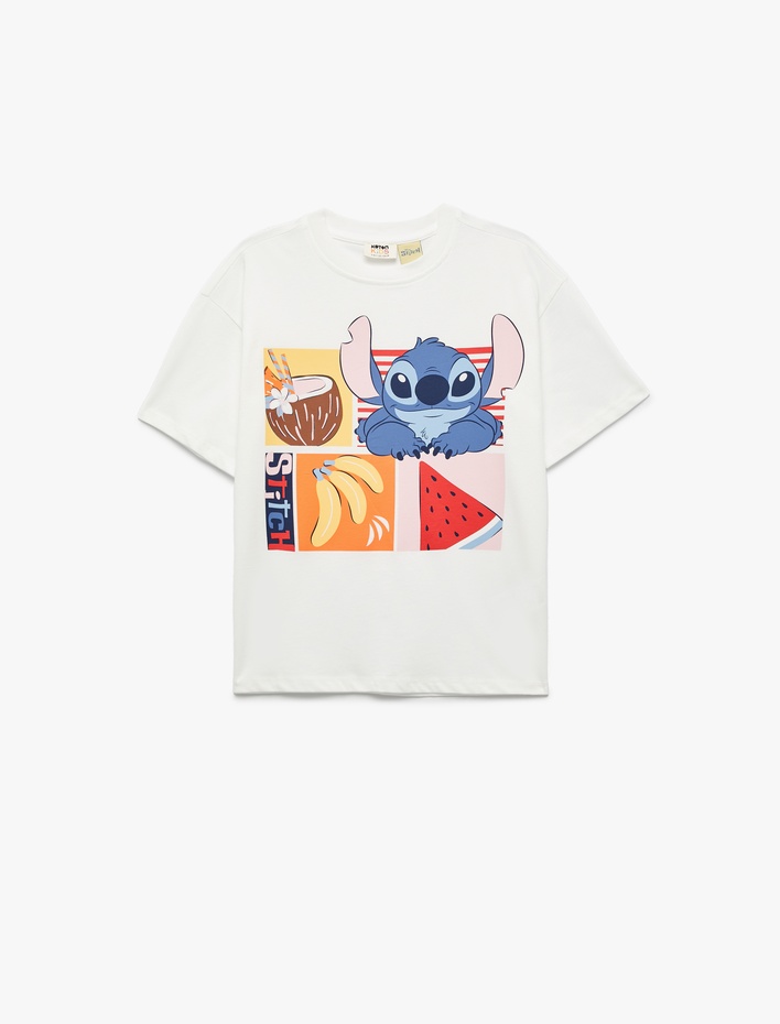 Kız Çocuk Stitch Lisanslı Pamuklu Uzun Kollu Bisiklet Yaka Baskılı Tişört