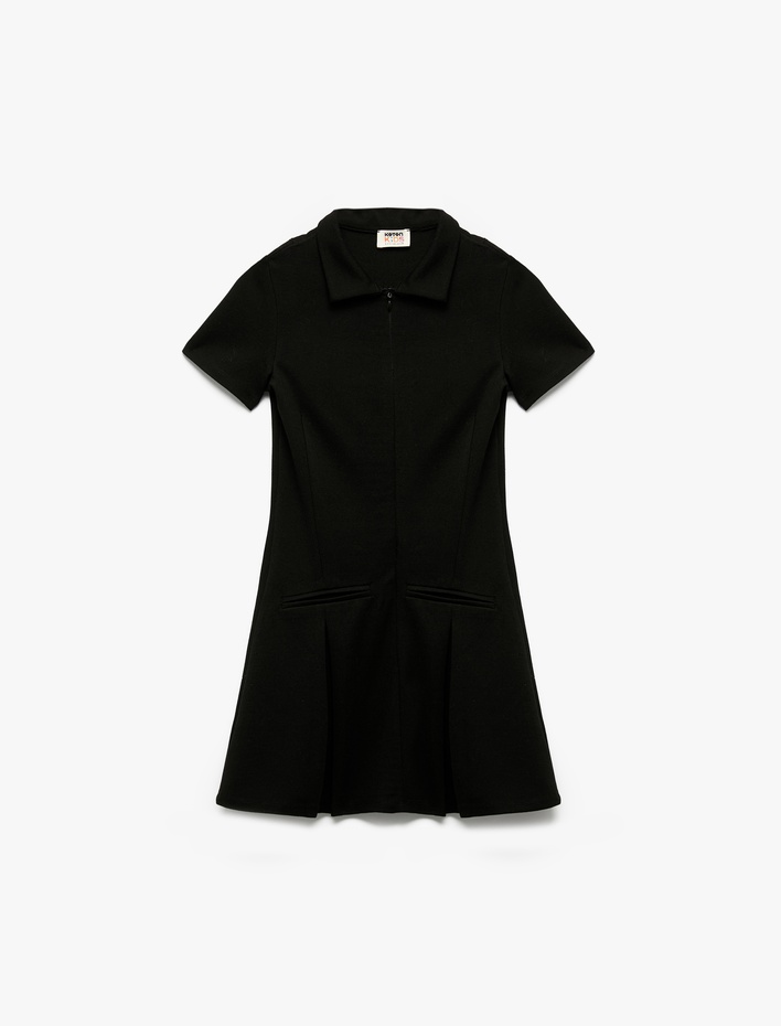 Kız Çocuk Slim Fit Polo Yaka Yarım Fermuarlı Kısa Kollu Viskon Karışımlı Mini Elbise