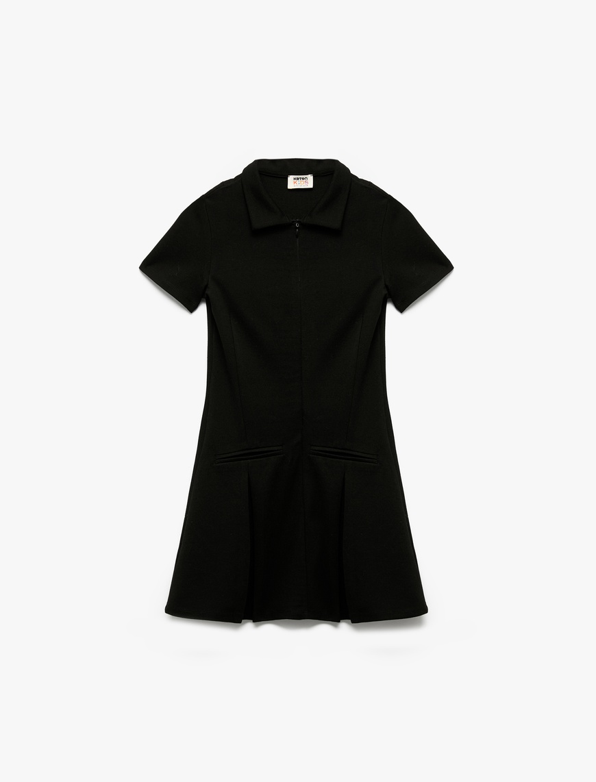  Kız Çocuk Slim Fit Polo Yaka Yarım Fermuarlı Kısa Kollu Viskon Karışımlı Mini Elbise
