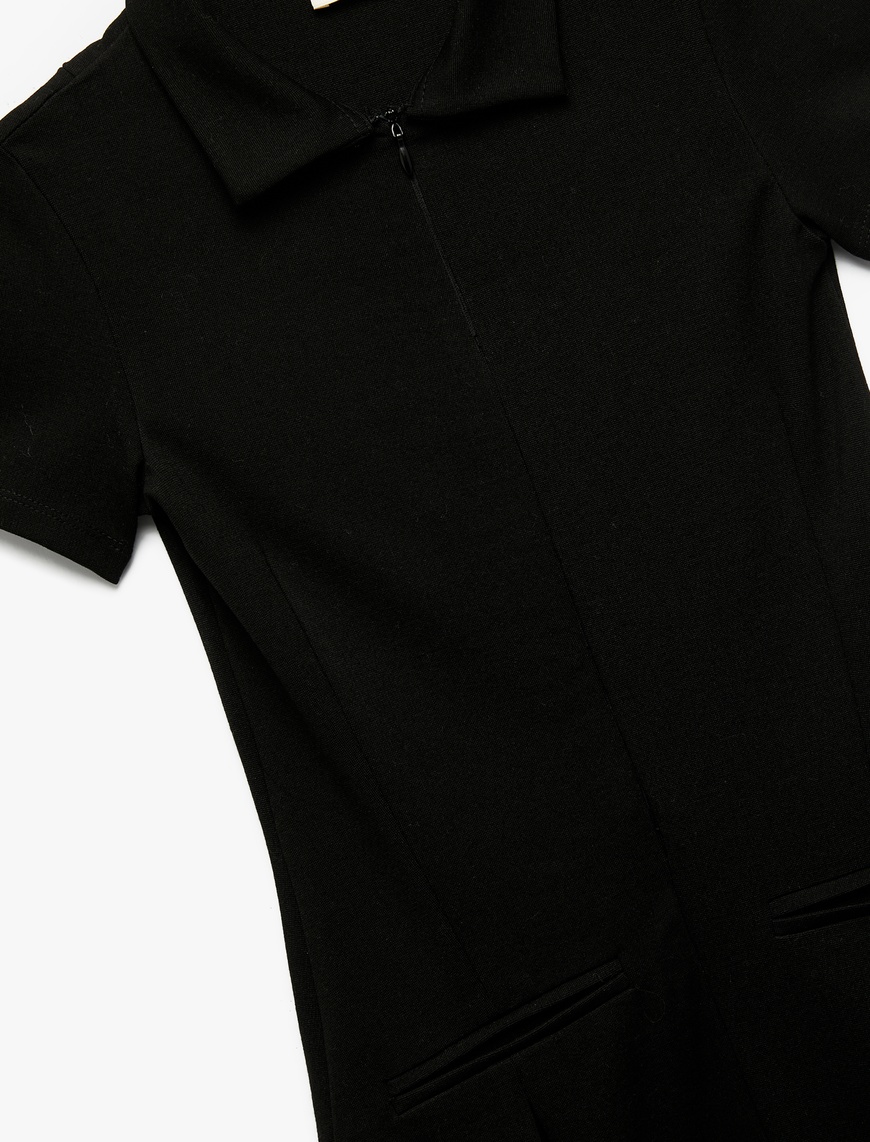  Kız Çocuk Slim Fit Polo Yaka Yarım Fermuarlı Kısa Kollu Viskon Karışımlı Mini Elbise