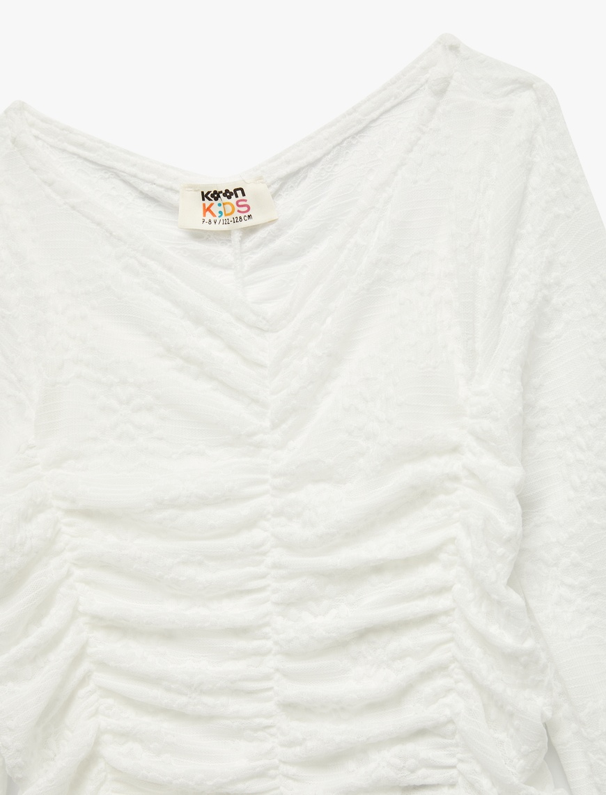  Kız Çocuk Uzun Kollu Slim Fit Büzgülü Tül Bluz