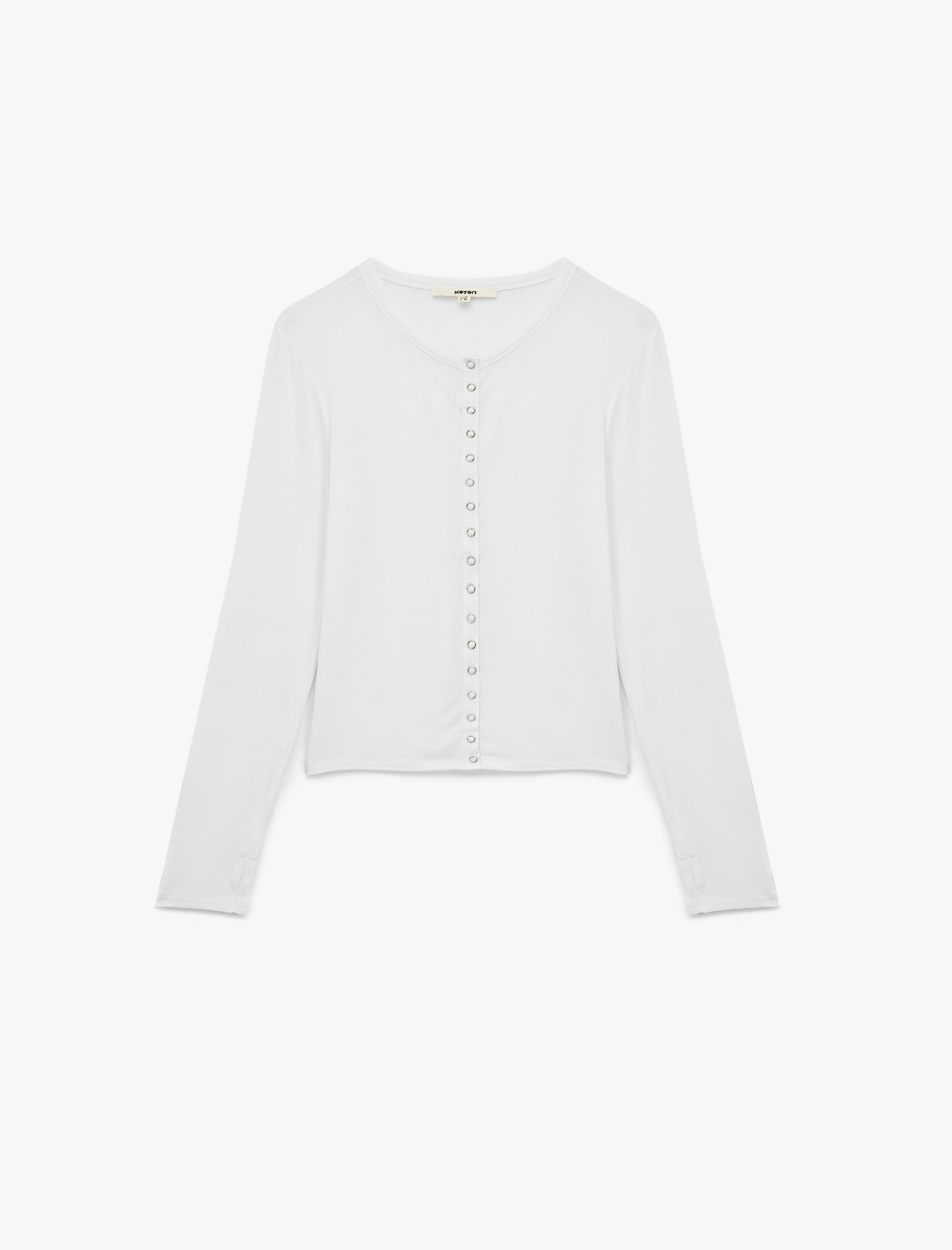   Viskon Kumaş Slim Fit Düğme Detaylı Uzun Kollu Bisiklet Yaka Tişört