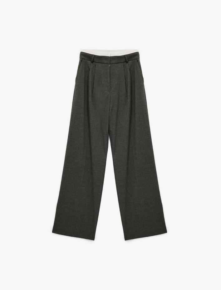  Cepli Pile Detaylı Geniş Paça Baggy Kumaş Pantolon