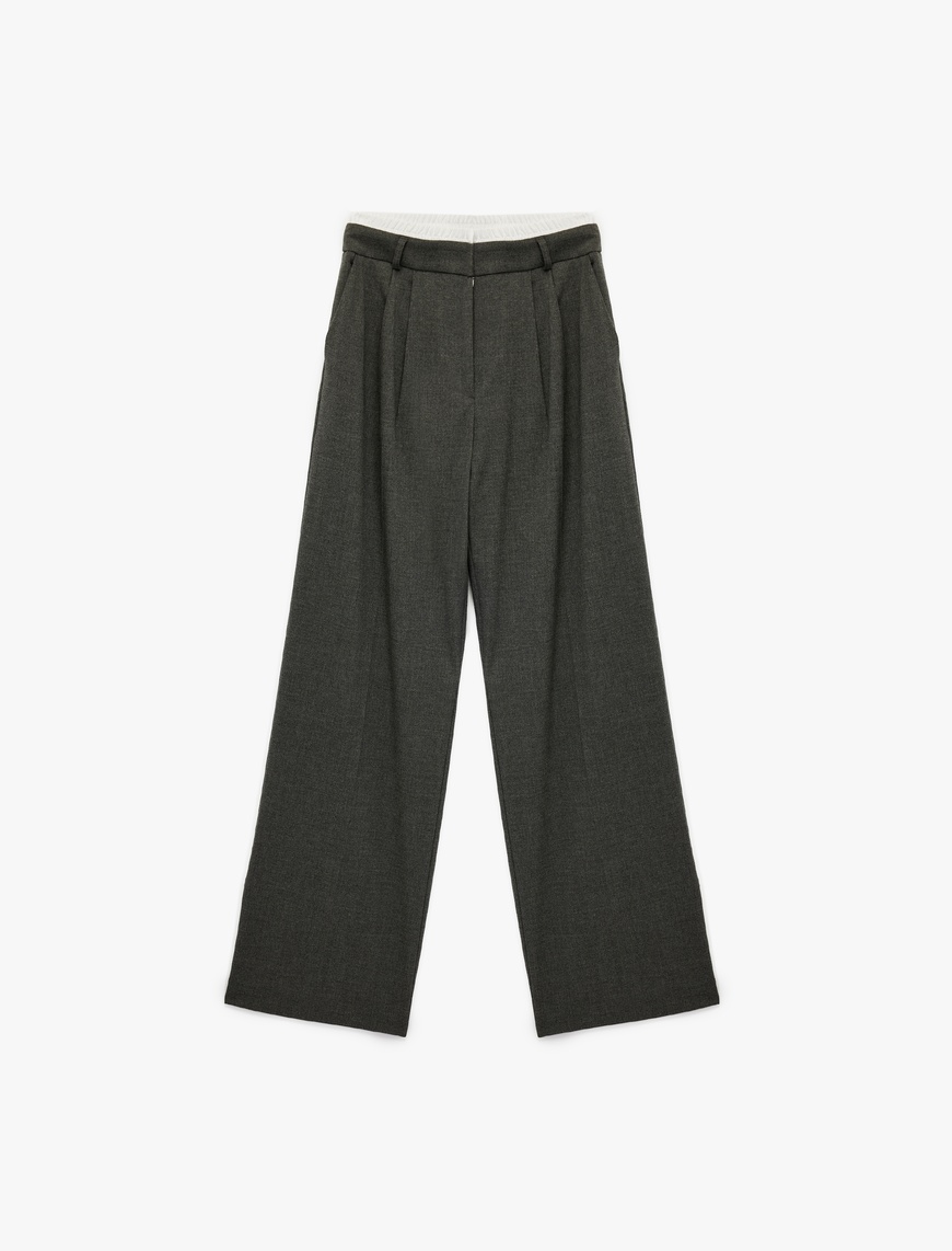   Cepli Pile Detaylı Geniş Paça Baggy Kumaş Pantolon