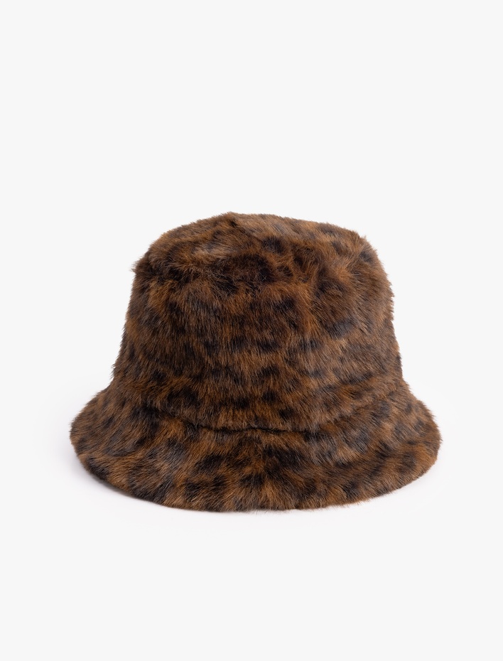 Kadın Leopar Desenli Suni Kürk Bucket Şapka