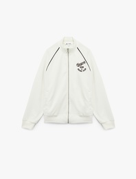 Şardonlu Uzun Kollu Dik Yaka Baskılı Fermuarlı Sweatshirt