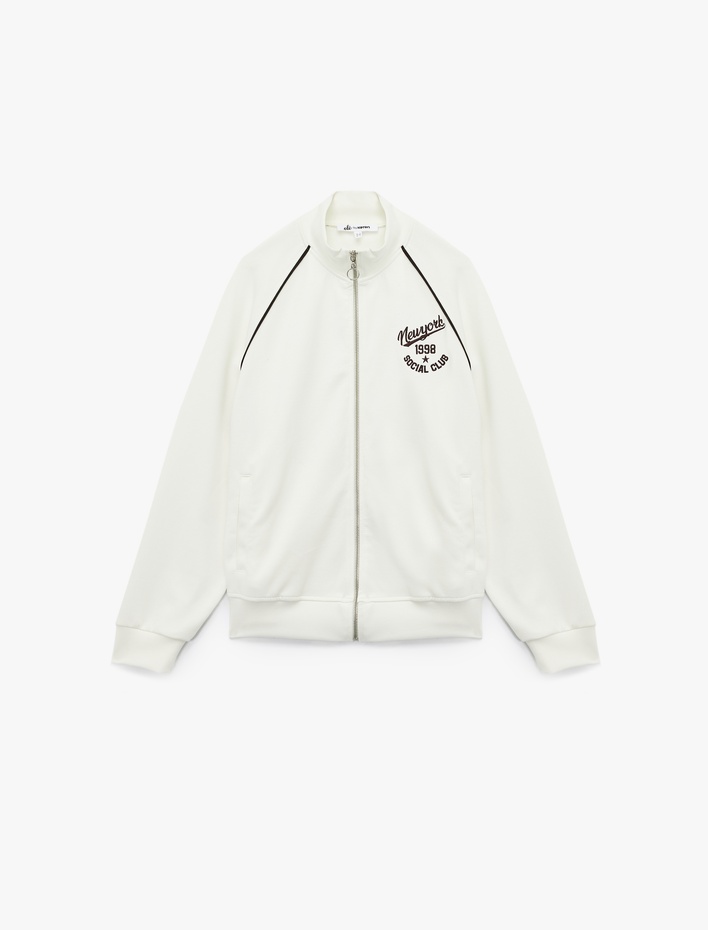 Şardonlu Uzun Kollu Dik Yaka Baskılı Fermuarlı Sweatshirt