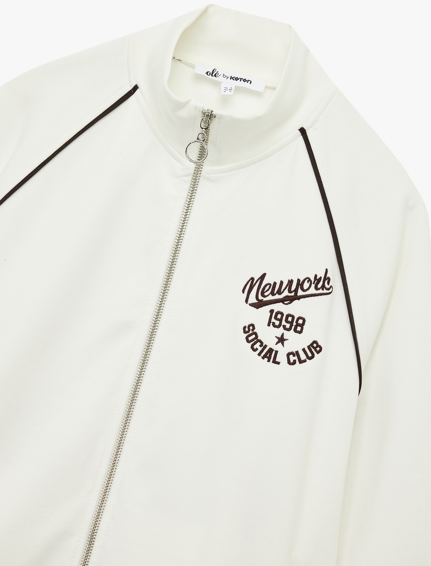   Şardonlu Uzun Kollu Dik Yaka Baskılı Fermuarlı Sweatshirt