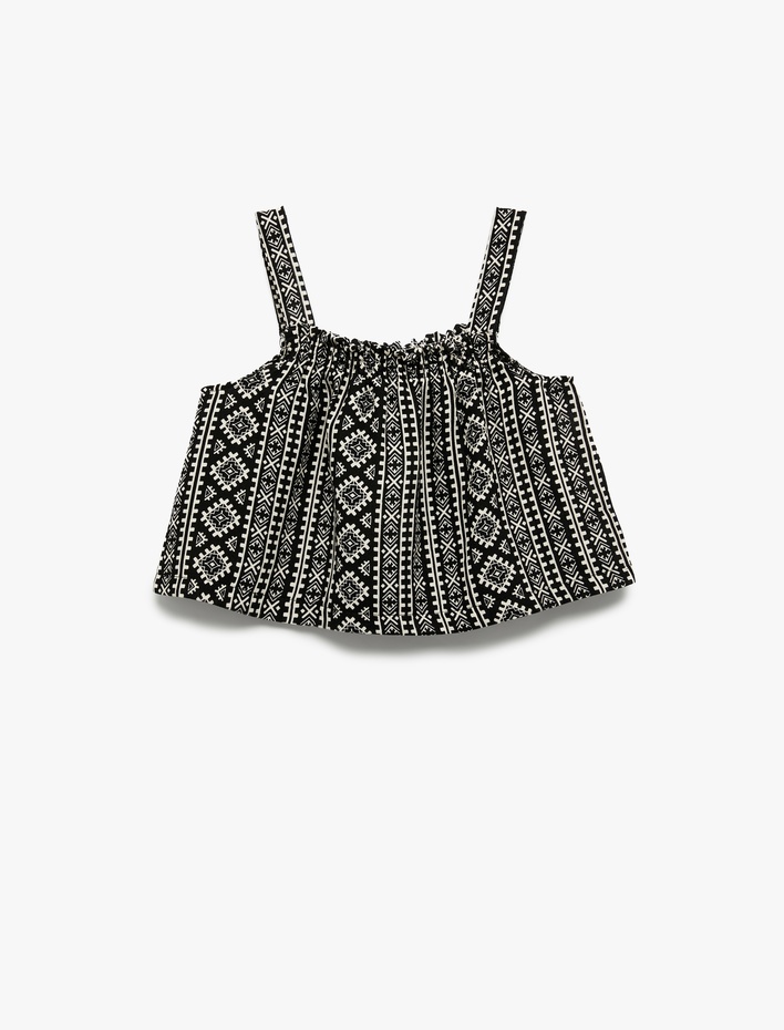 Kız Çocuk Pamuklu Kare Yaka Etnik Desenli Kolsuz Bluz