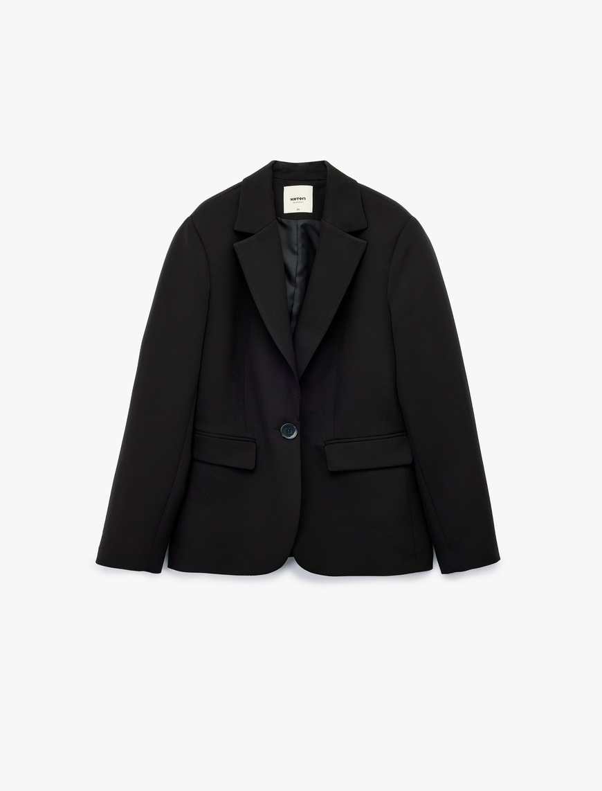   Uzun Kollu Cepli Düğmeli Kruvaze Blazer Ceket