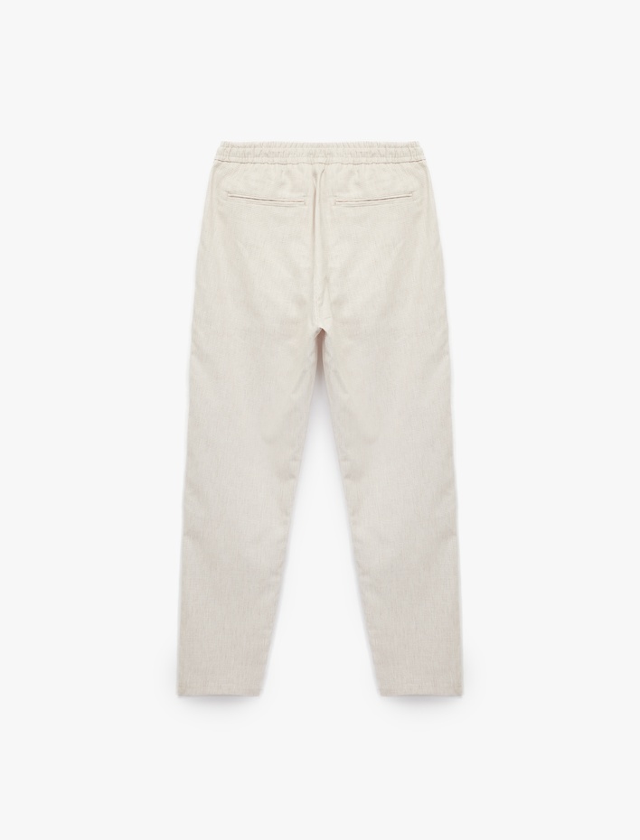  Keten Pamuk Karışımlı Cep Detaylı Beli Bağcıklı Çizgili Chino Pantolon