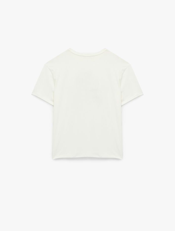  Kısa Kollu Bisiklet Yaka Pamuklu Fiyonk Detaylı Baskılı Oversize Tişört