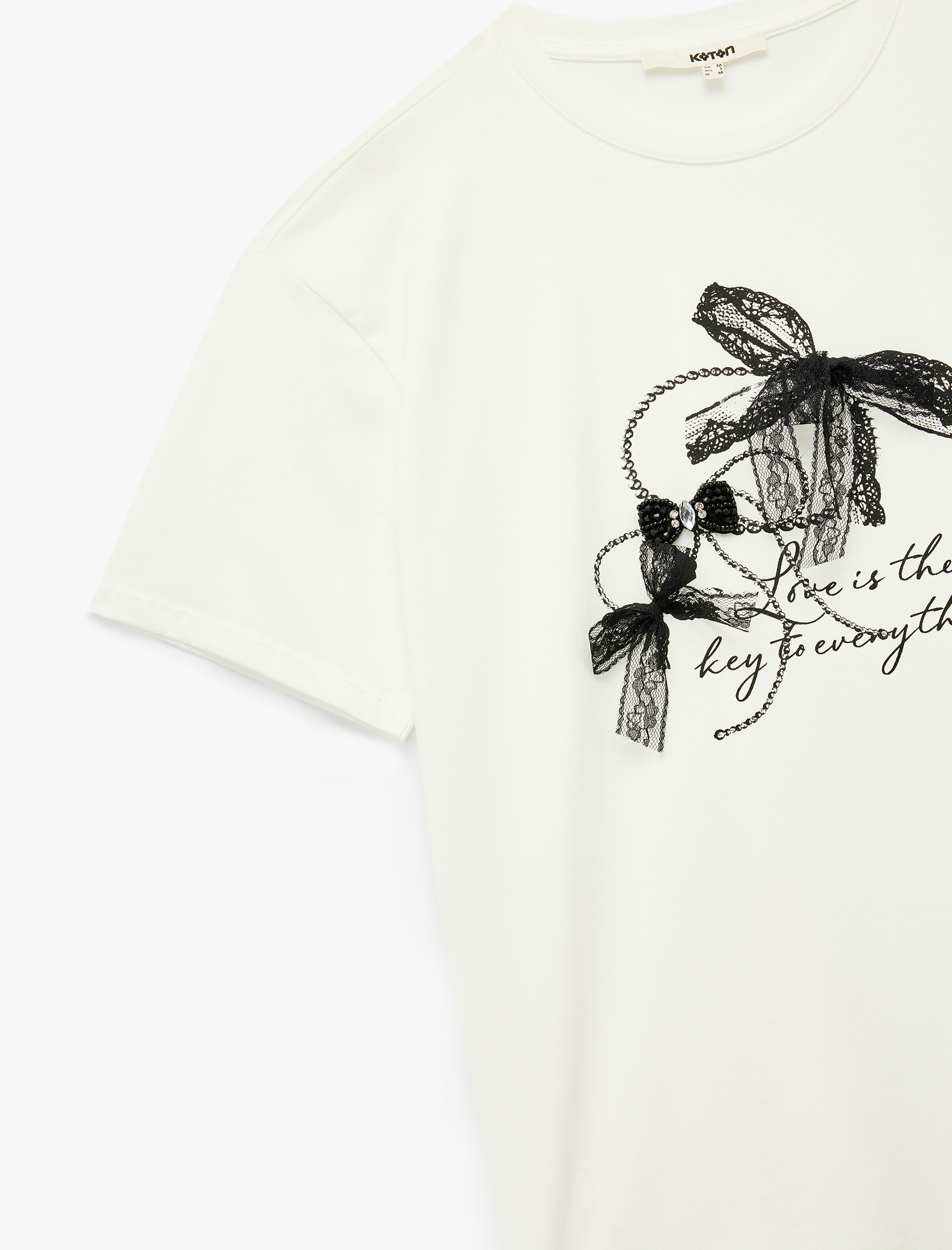   Kısa Kollu Bisiklet Yaka Pamuklu Fiyonk Detaylı Baskılı Oversize Tişört