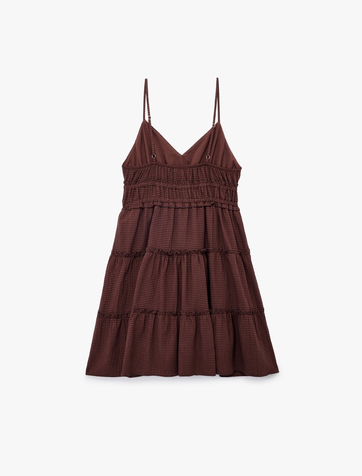  Askılı V Yaka Katlı Gipeli Volanlı Mini Elbise