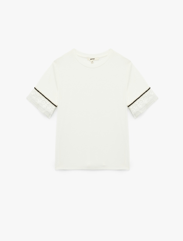  Slim Fit Dantel Detaylı Kısa Kollu Bisiklet Yaka Tişört