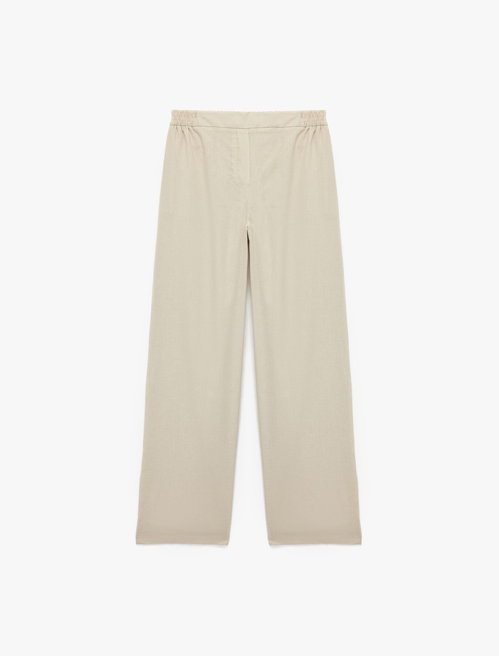  Beli Lastikli Düz Bol Paça Keten Pantolon