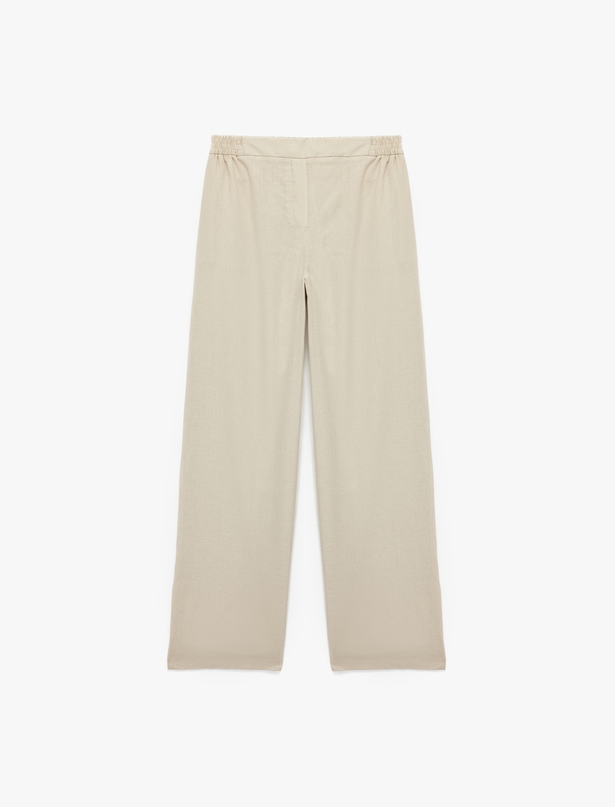   Beli Lastikli Düz Bol Paça Keten Pantolon