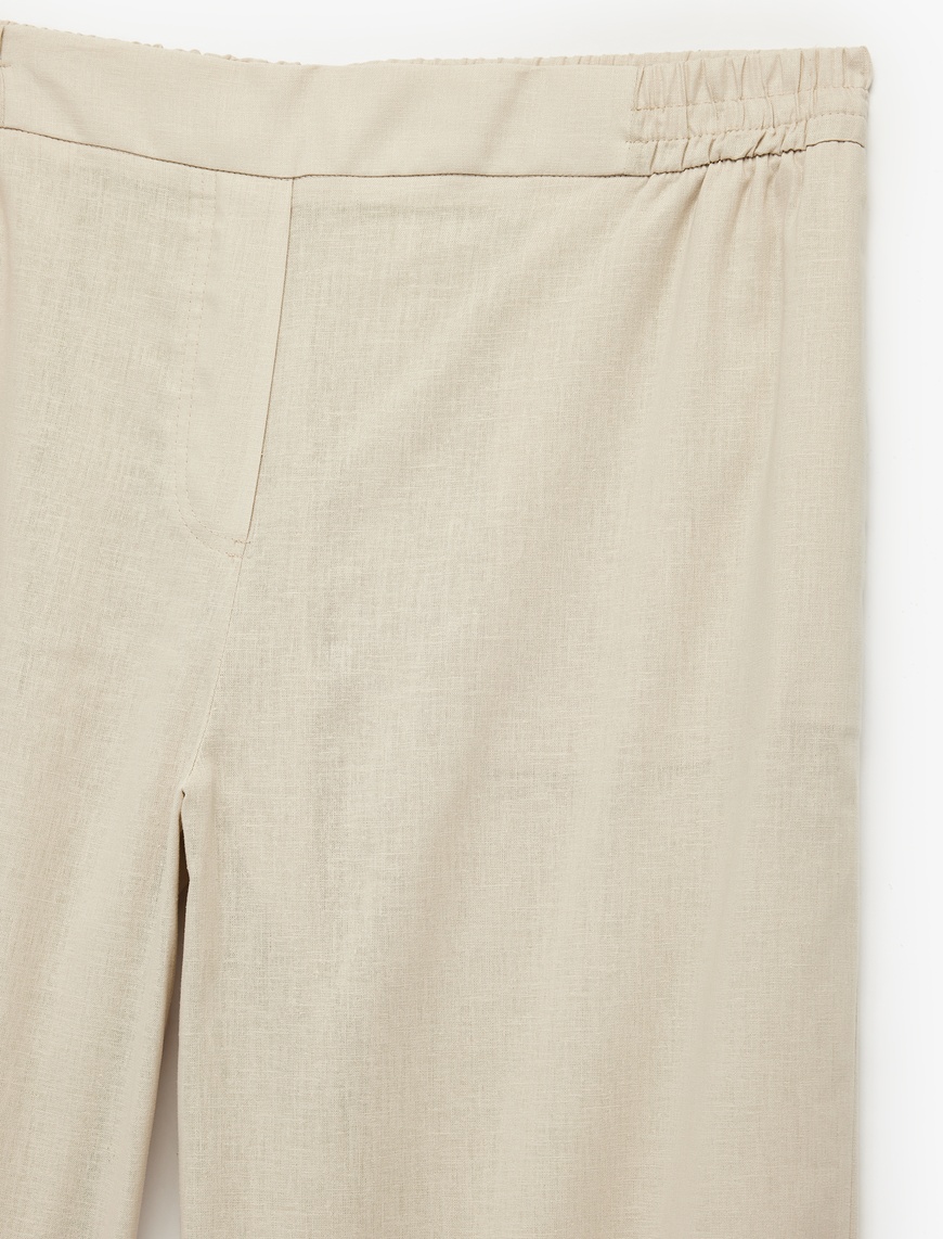   Beli Lastikli Düz Bol Paça Keten Pantolon
