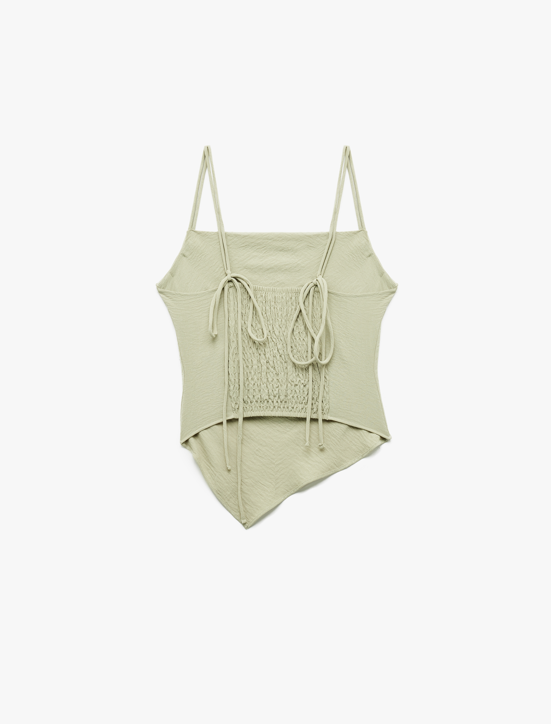   Arkası Gipeli Fiyonk Detaylı Asimetrik Kesim İnce Askılı Bluz