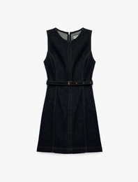 Pamuklu Kolsuz Bisiklet Yaka Kemer Detaylı Mini Denim Elbise