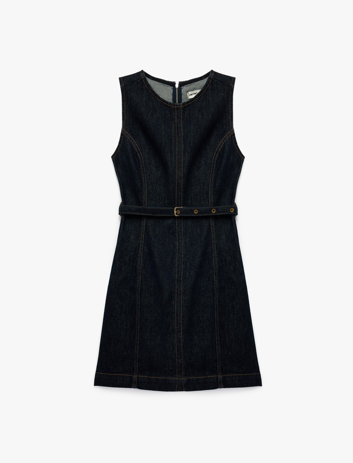  Pamuklu Kolsuz Bisiklet Yaka Kemer Detaylı Mini Denim Elbise
