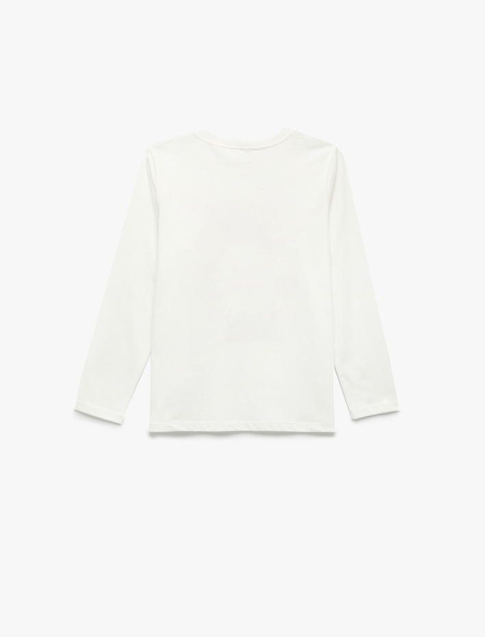 Kız Çocuk Uzun Kollu Bisiklet Yaka Ayıcık Baskılı Pamuklu Tişört