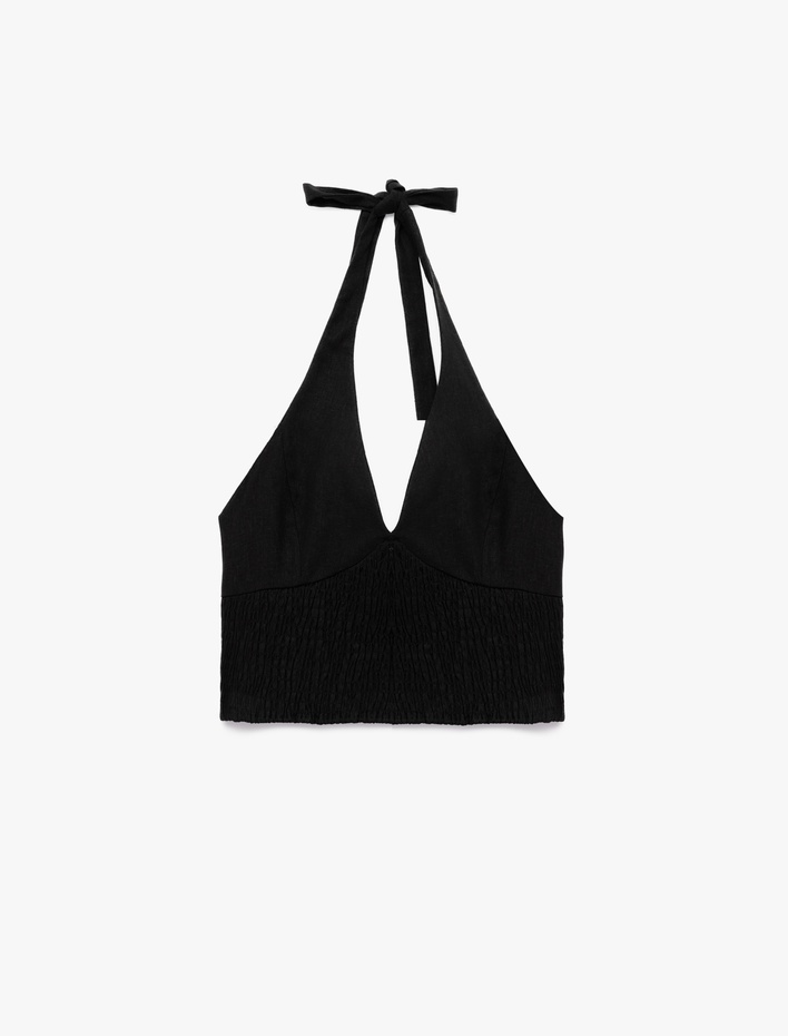  Slim Fit Gipeli Halter Yaka Keten Karışımlı Kolsuz Crop Bluz