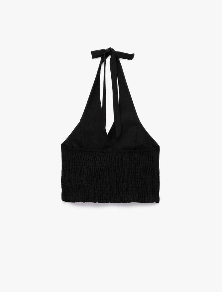  Slim Fit Gipeli Halter Yaka Keten Karışımlı Kolsuz Crop Bluz