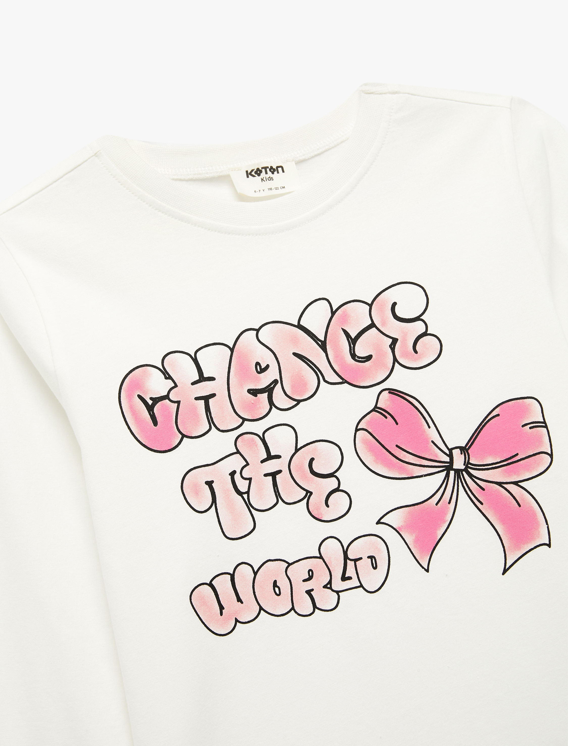  Kız Çocuk Pamuklu Uzun Kollu Bisiklet Yaka Fiyonk Baskılı Tişört