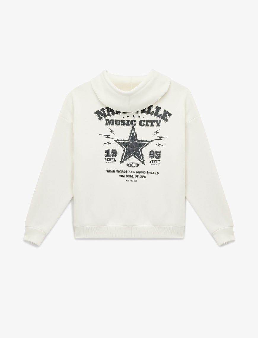   Şardonlu Arkası Baskılı Kanguru Cepli Kapüşonlu Fermuarlı Oversize Sweatshirt