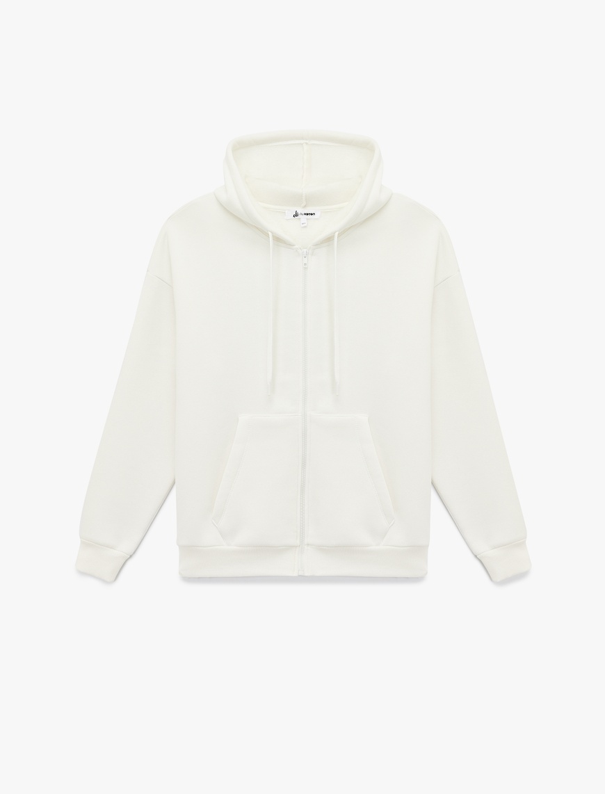   Şardonlu Arkası Baskılı Kanguru Cepli Kapüşonlu Fermuarlı Oversize Sweatshirt