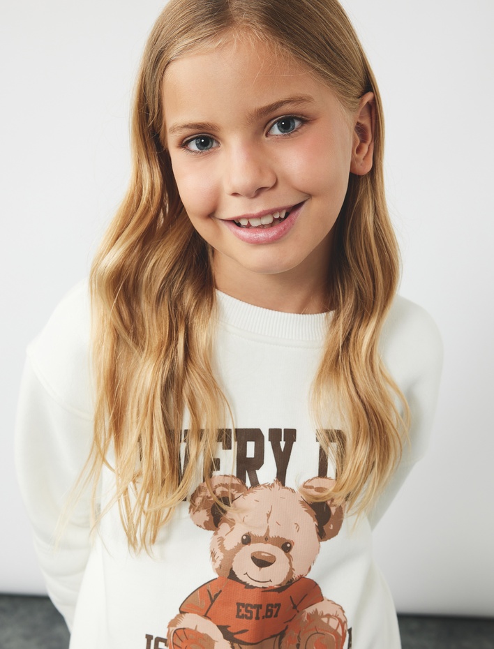 Kız Çocuk Üç İplik Ayıcık Baskılı Uzun Kollu Bisiklet Yaka Sweatshirt