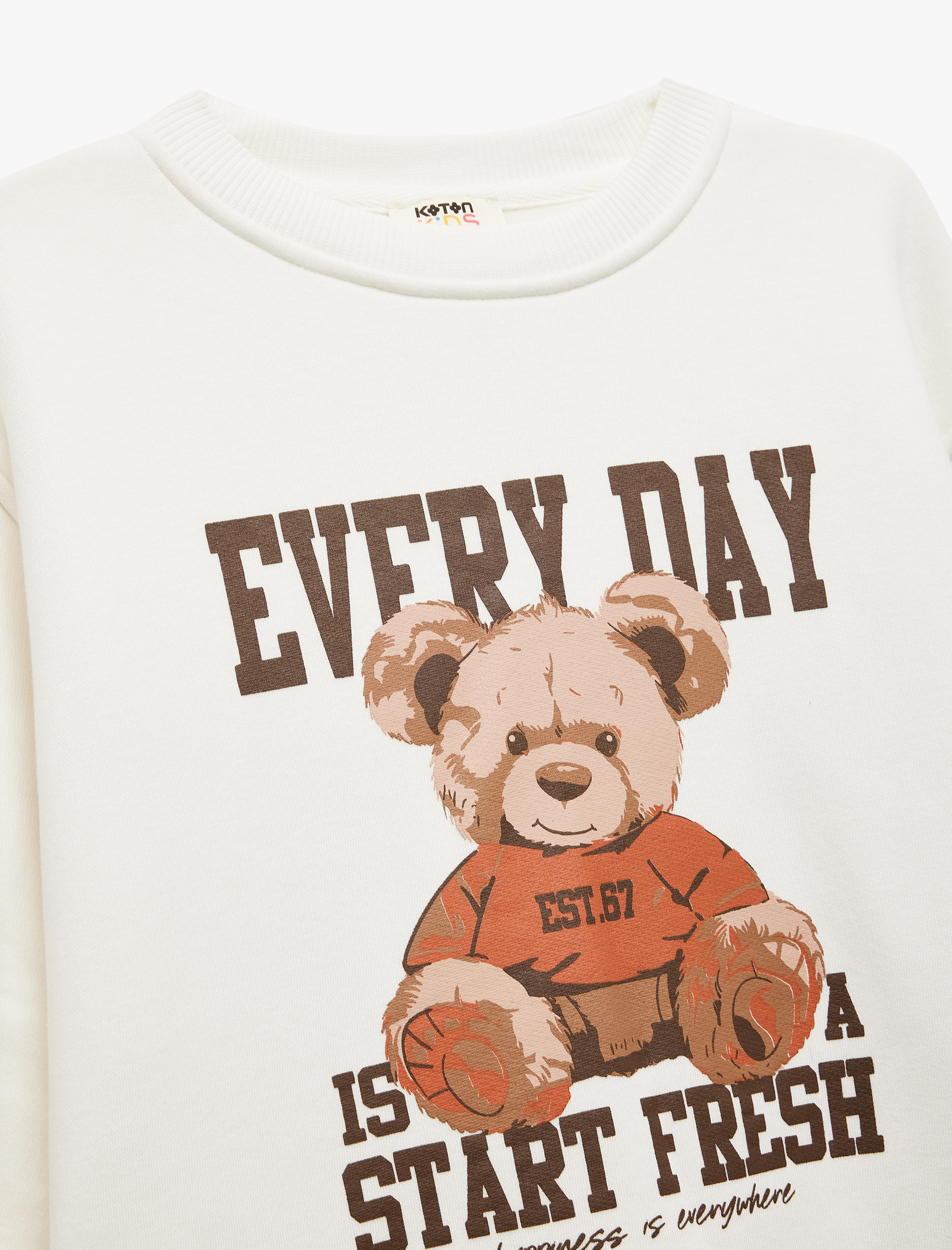  Kız Çocuk Üç İplik Ayıcık Baskılı Uzun Kollu Bisiklet Yaka Sweatshirt