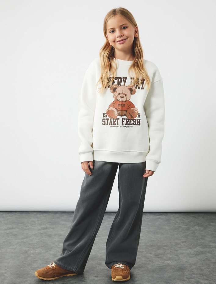 Kız Çocuk Üç İplik Ayıcık Baskılı Uzun Kollu Bisiklet Yaka Sweatshirt