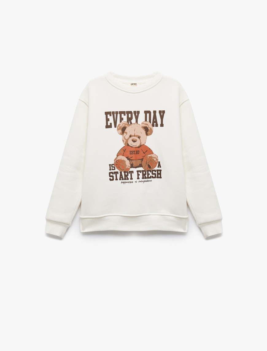  Kız Çocuk Üç İplik Ayıcık Baskılı Uzun Kollu Bisiklet Yaka Sweatshirt