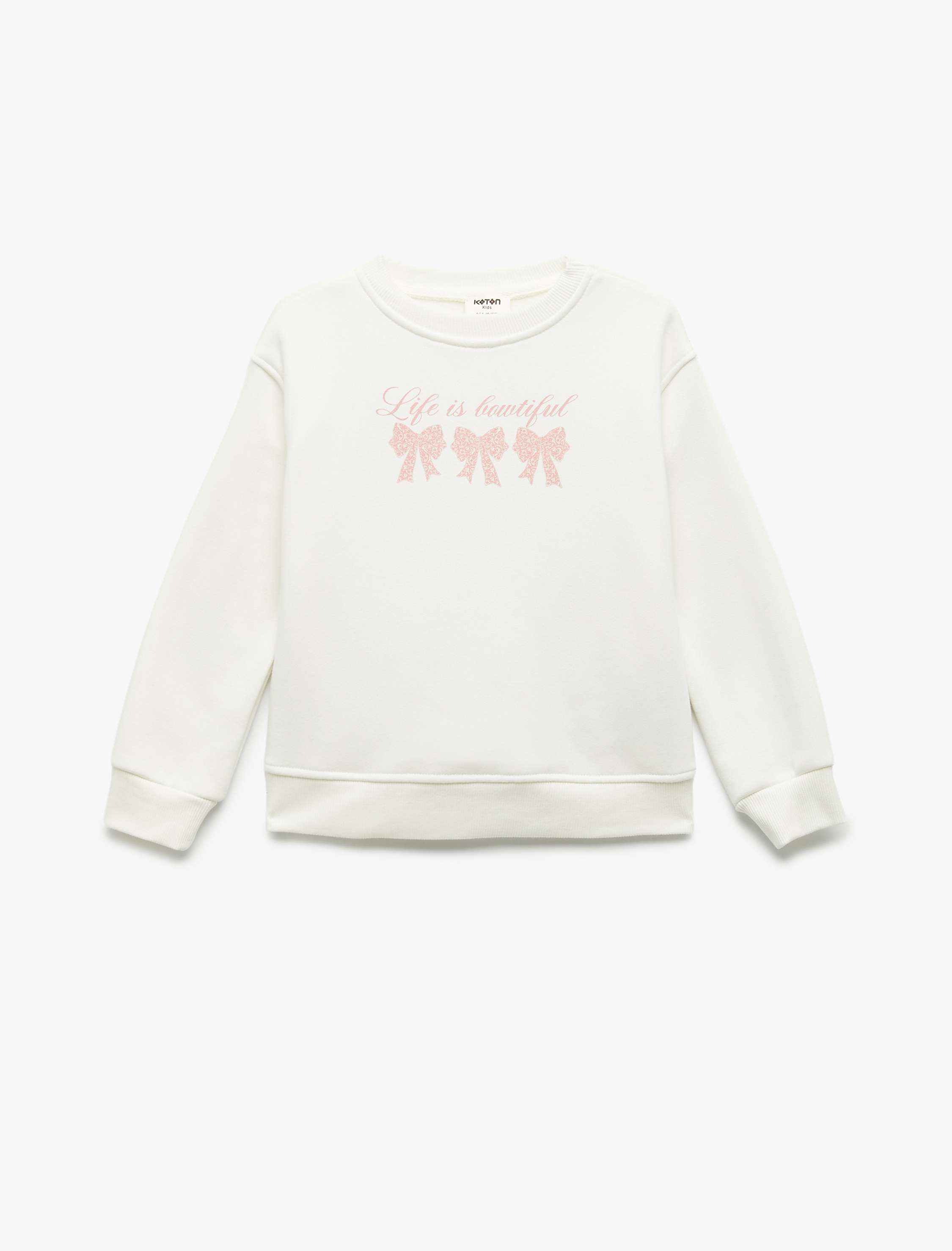  Kız Çocuk Üç İplik Uzun Kollu Bisiklet Yaka Fiyonk Baskılı Sweatshirt