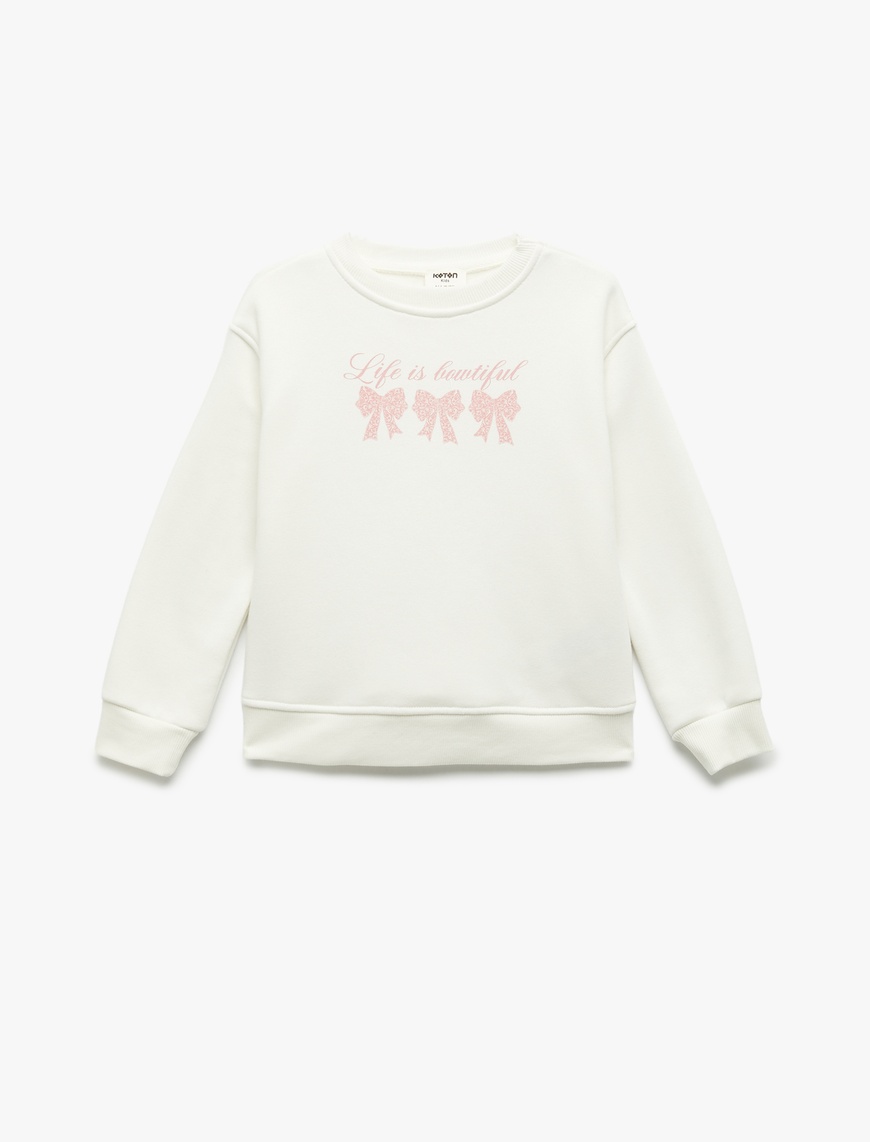  Kız Çocuk Üç İplik Uzun Kollu Bisiklet Yaka Fiyonk Baskılı Sweatshirt