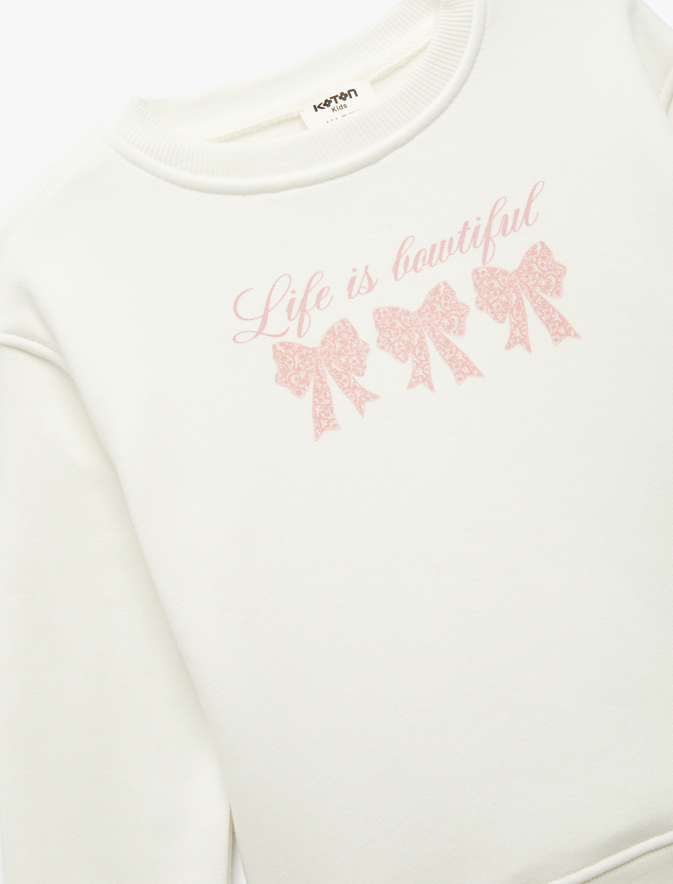  Kız Çocuk Üç İplik Uzun Kollu Bisiklet Yaka Fiyonk Baskılı Sweatshirt