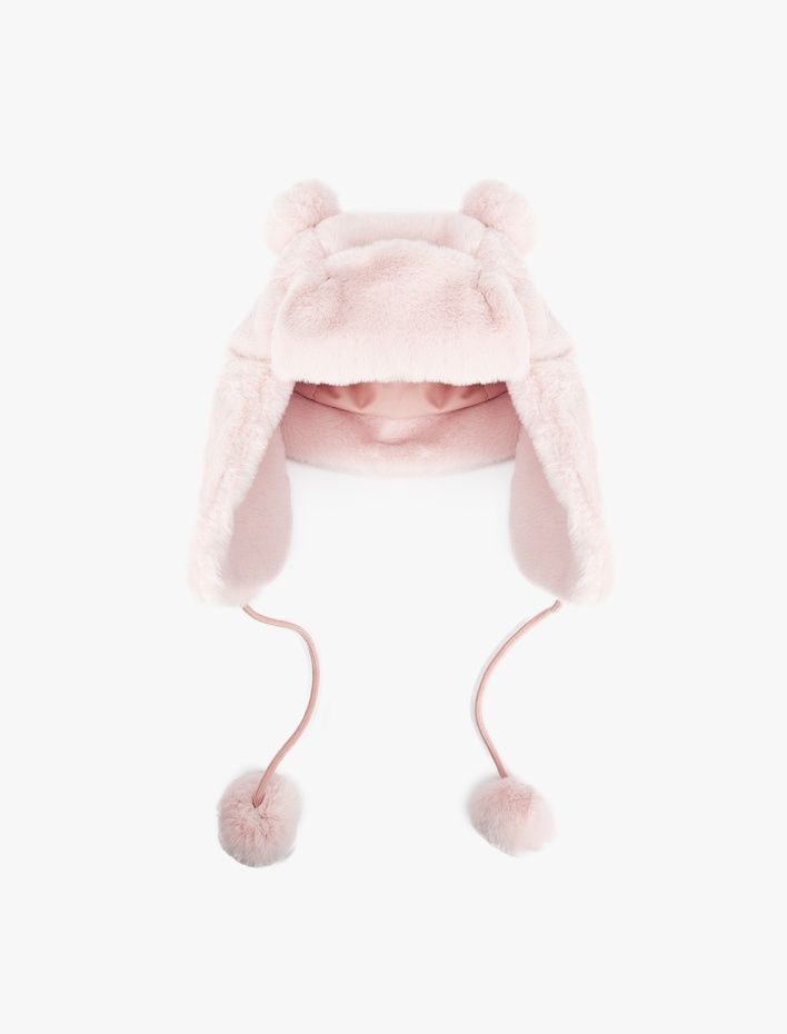 Kız Çocuk Ponpon Detaylı Kulaklı Peluş Şapka