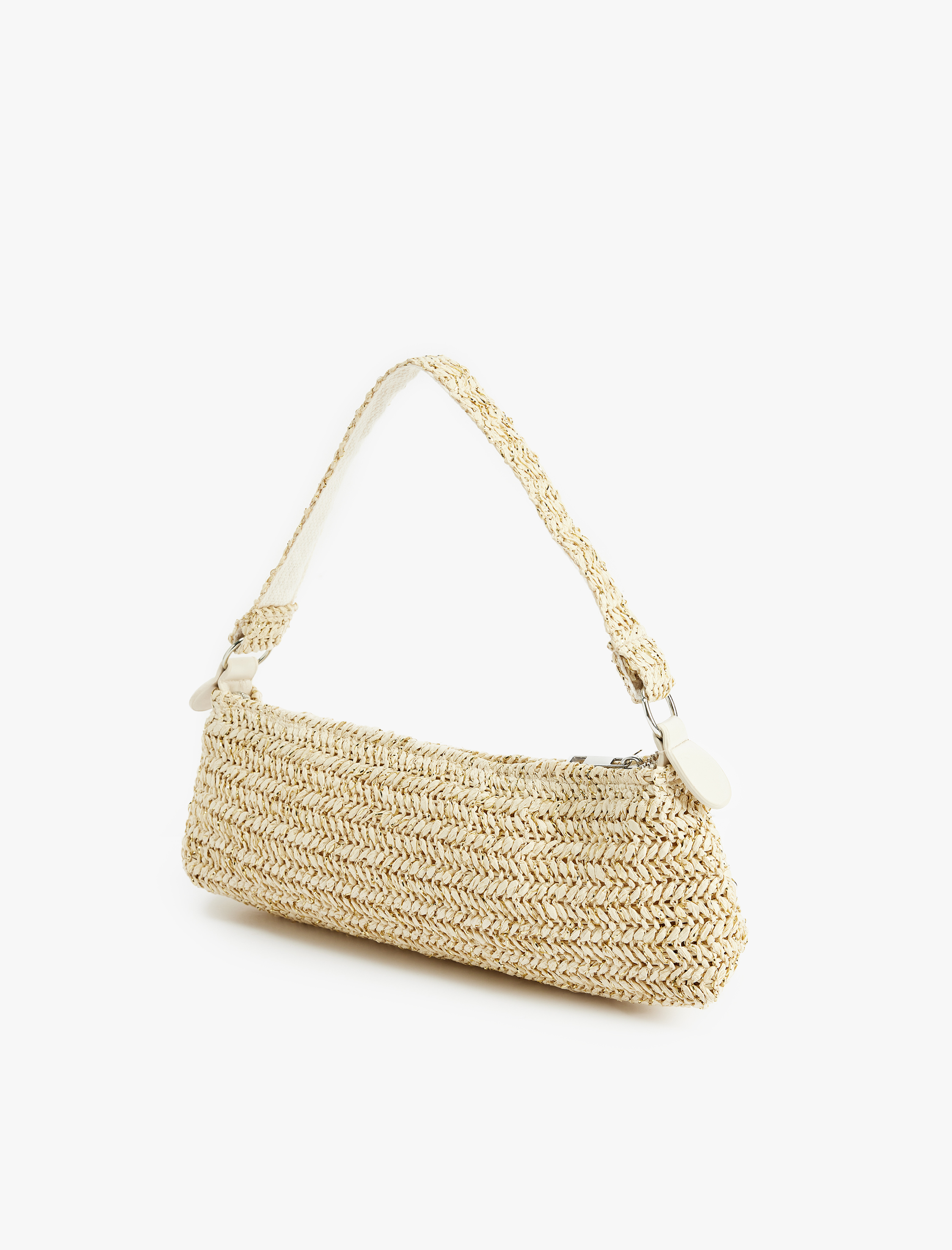  Kadın Örgü Detaylı Fermuarlı Hasır Omuz Çantası