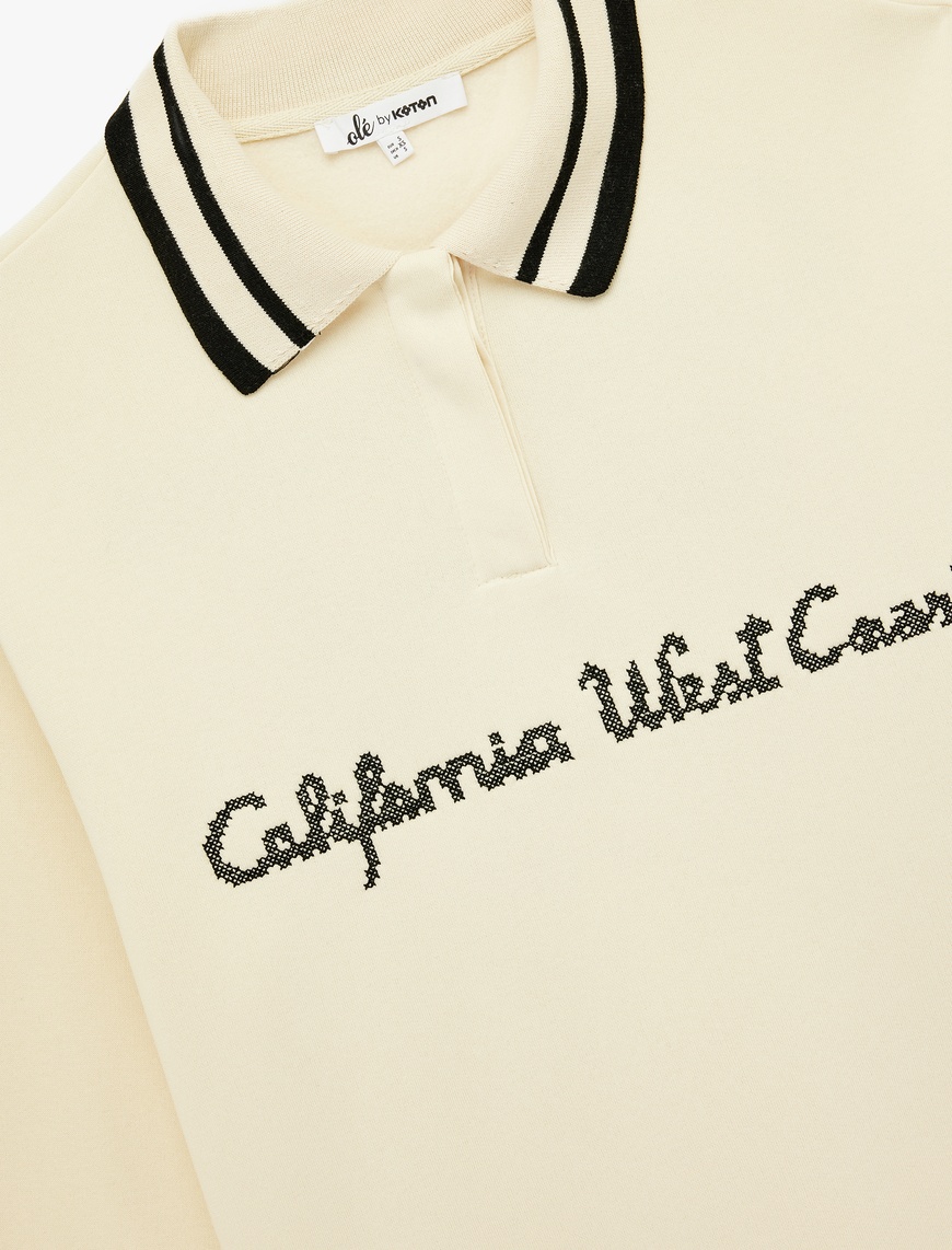   Uzun Kollu Düğmeli Nakışlı Şardonlu Oversize Polo Yaka Sweatshirt