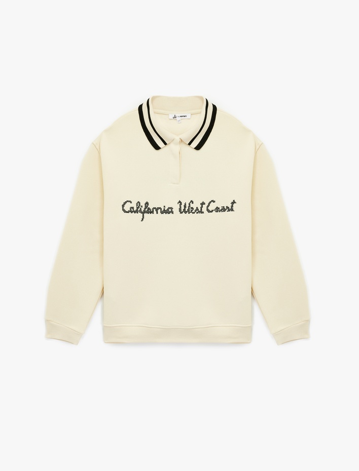  Uzun Kollu Düğmeli Nakışlı Şardonlu Oversize Polo Yaka Sweatshirt