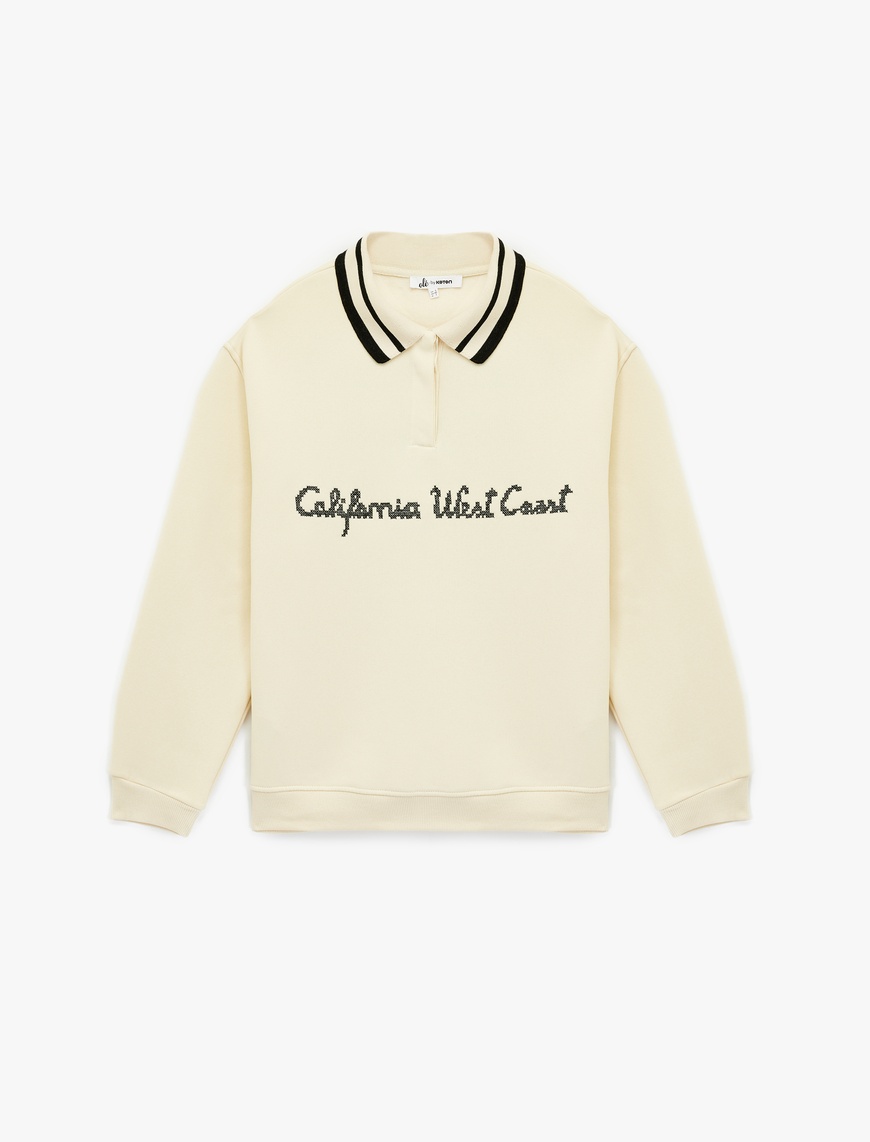   Uzun Kollu Düğmeli Nakışlı Şardonlu Oversize Polo Yaka Sweatshirt