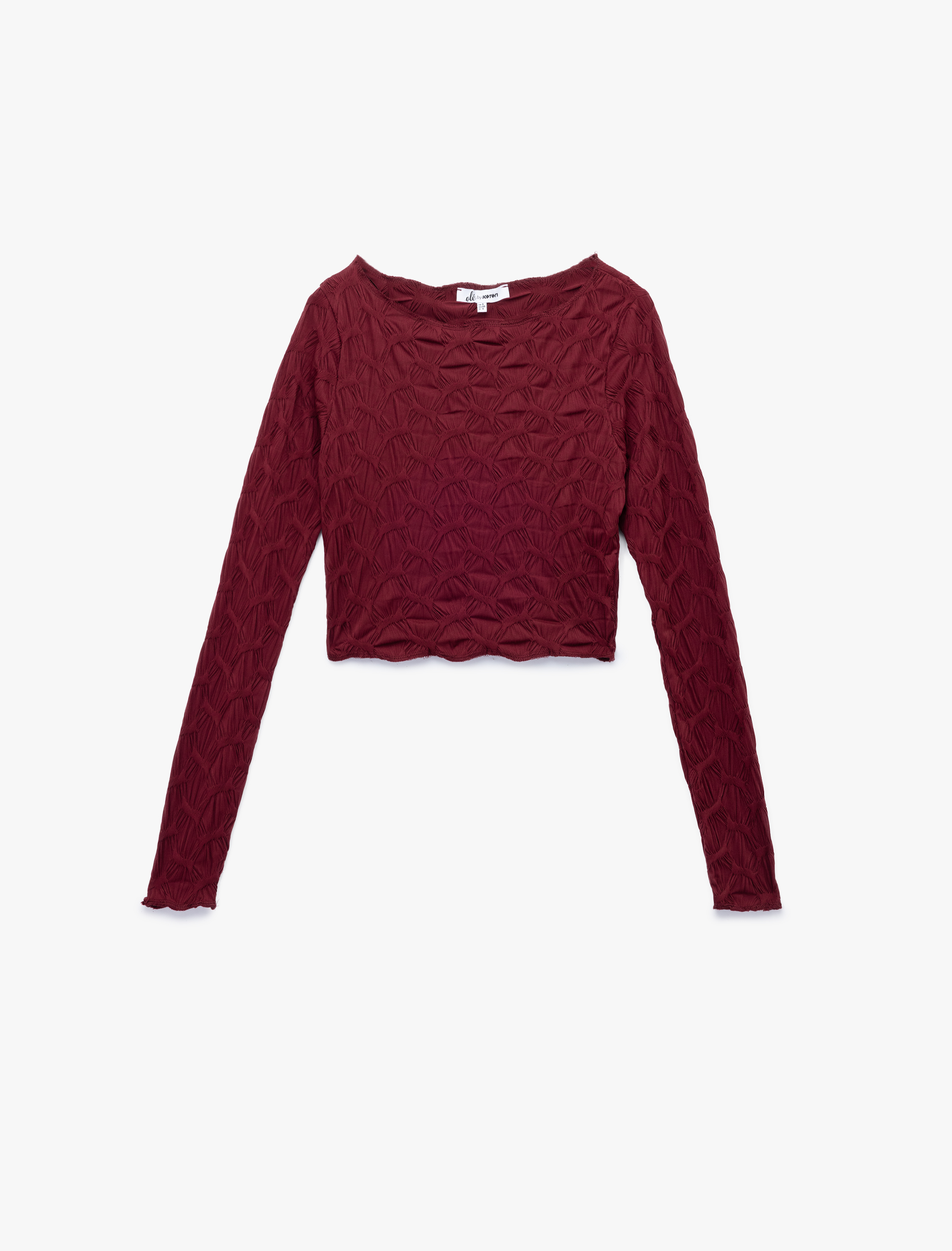   Uzun Kollu Dokulu Kayık Yaka Slim Fit Crop Tişört