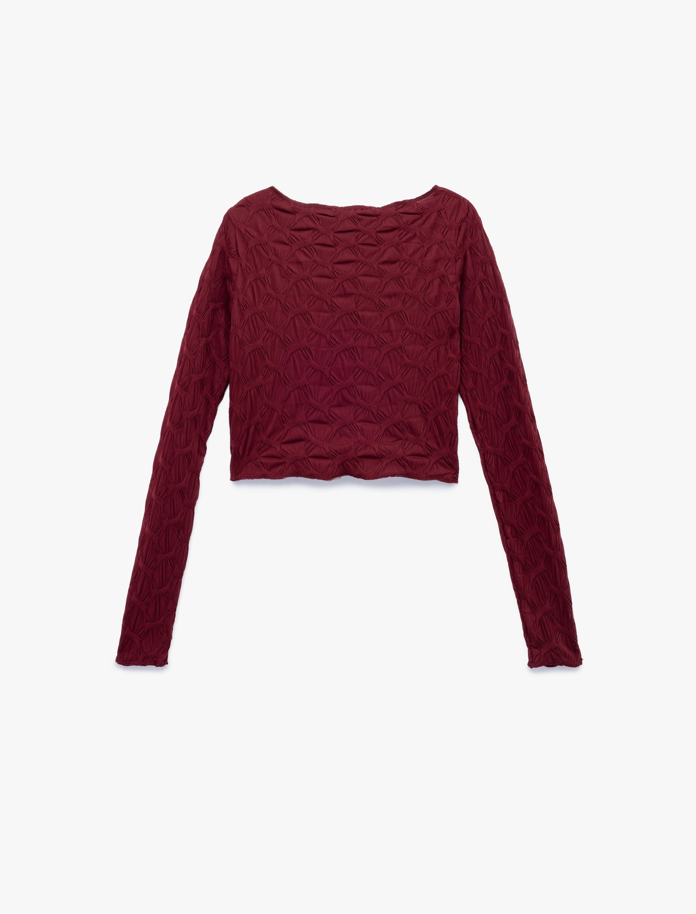   Uzun Kollu Dokulu Kayık Yaka Slim Fit Crop Tişört