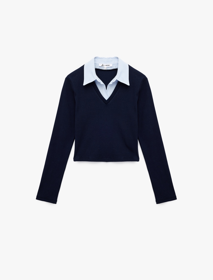   Uzun Kollu Gömlek Yaka Slim Fit Pamuklu Tişört