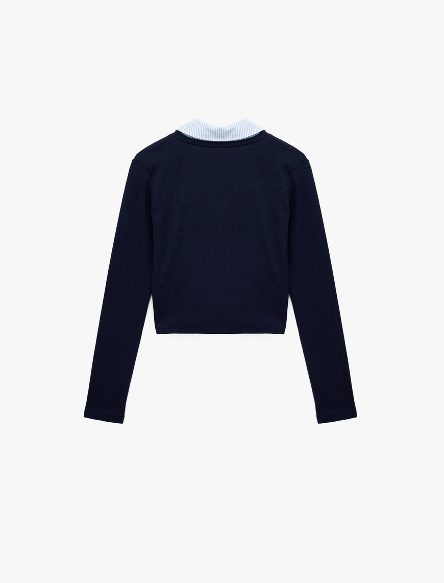   Uzun Kollu Gömlek Yaka Slim Fit Pamuklu Tişört