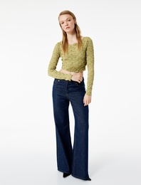 Uzun Kollu Dokulu Kayık Yaka Slim Fit Crop Tişört