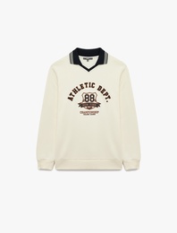 Renk Kontrastlı Polo Yaka Uzun Kollu Kolej Baskılı Sweatshirt