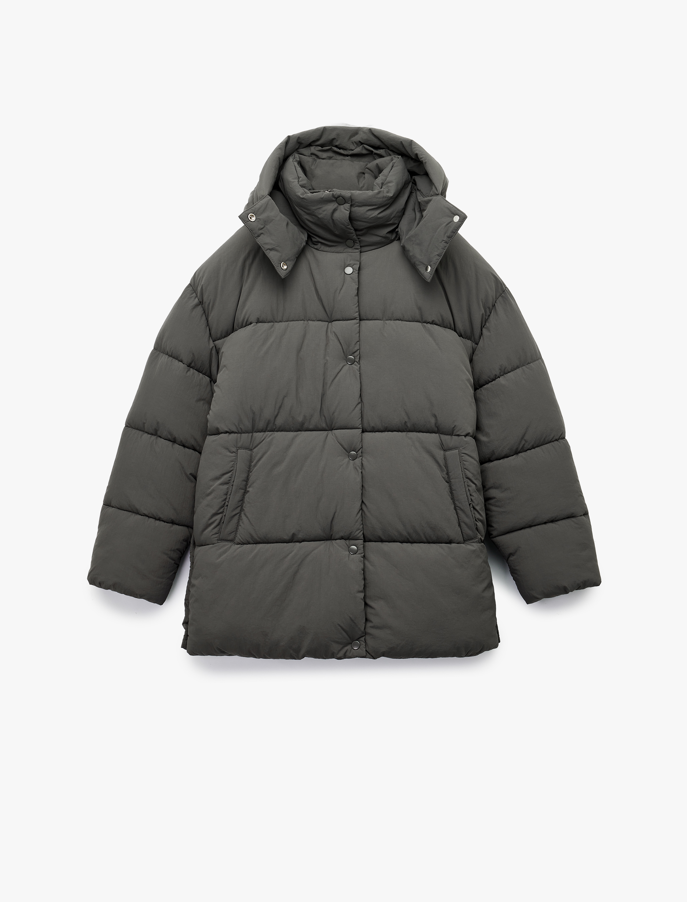   Fermuarlı Cepli Çıkarılabilir Kapüşonlu Uzun Kollu Su İtici Oversize Şişme Mont